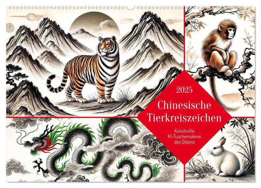Anja Frost  Chinesische Tierkreiszeichen - Kunstvolle KI-Tuschemalerei des Ostens (Wandkalender 2025 DIN A2 quer), CALVENDO Monatskalender