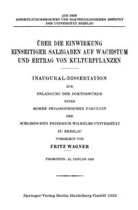 Buch Cover Über die Einwirkung Einseitiger Salzgaben auf Wachstum und Ertrag von Kulturpflanzen