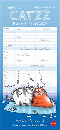 Buch Cover Catzz Planer für zwei 2024. Lustiger Wandplaner für zwei. Partnerkalender mit 2 Spalten. Terminkalender mit witzigen Cartoon-Katzen. Wandkalender für 2 Personen.