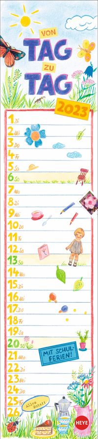 Buch Cover Gabi Kohwagner: Von Tag zu Tag Streifenkalender 2023. Handschriftliches Design und kleine Alltagstipps machen diesen länglichen Kalender zu einem echten Schmuckstück.